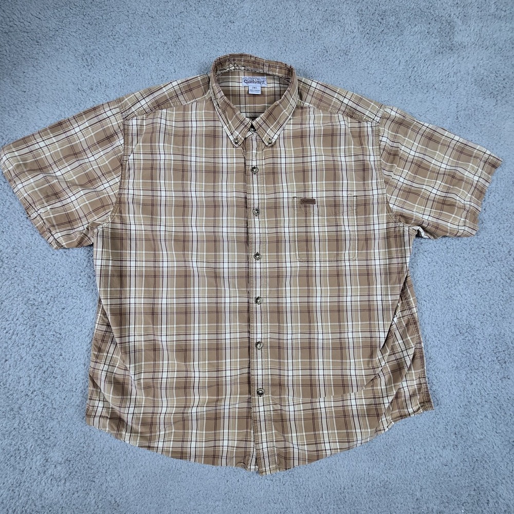 Carhartt Shirt Mens 2XL Brown Plaid Short‎ Sleeve Workwear Button Up XXL - Picture 3 of 13
